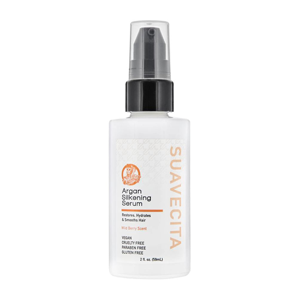 Sérum Suavecita Argan Silkening — bouteille vue avec versement fluide, brillance et frisottis maîtrisés.