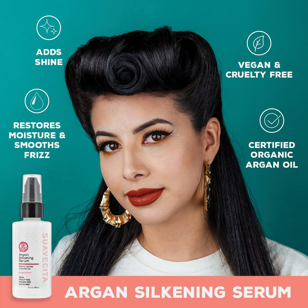 Flacon Suavecita Argan Silkening — profil proche, parfum Baies Sauvages et soin léger.