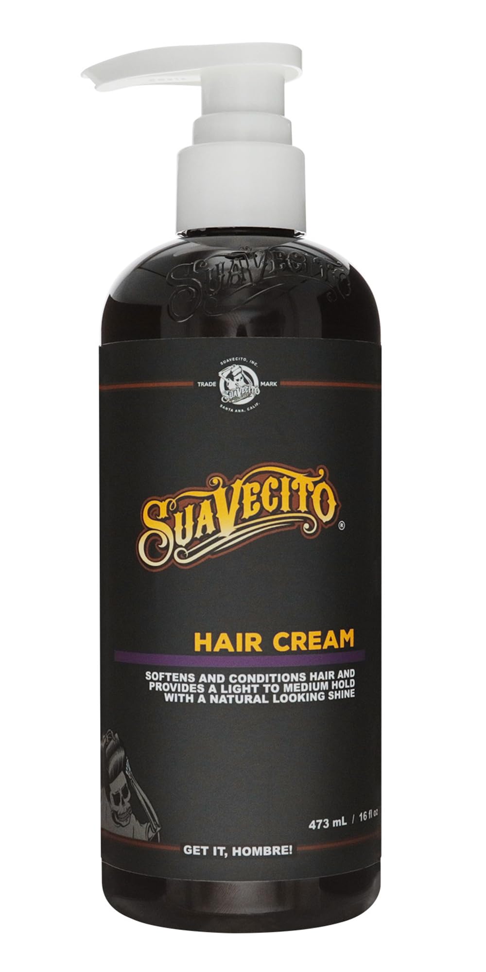 Crème capillaire Suavecito – bouteille pompe et brillance naturelle.