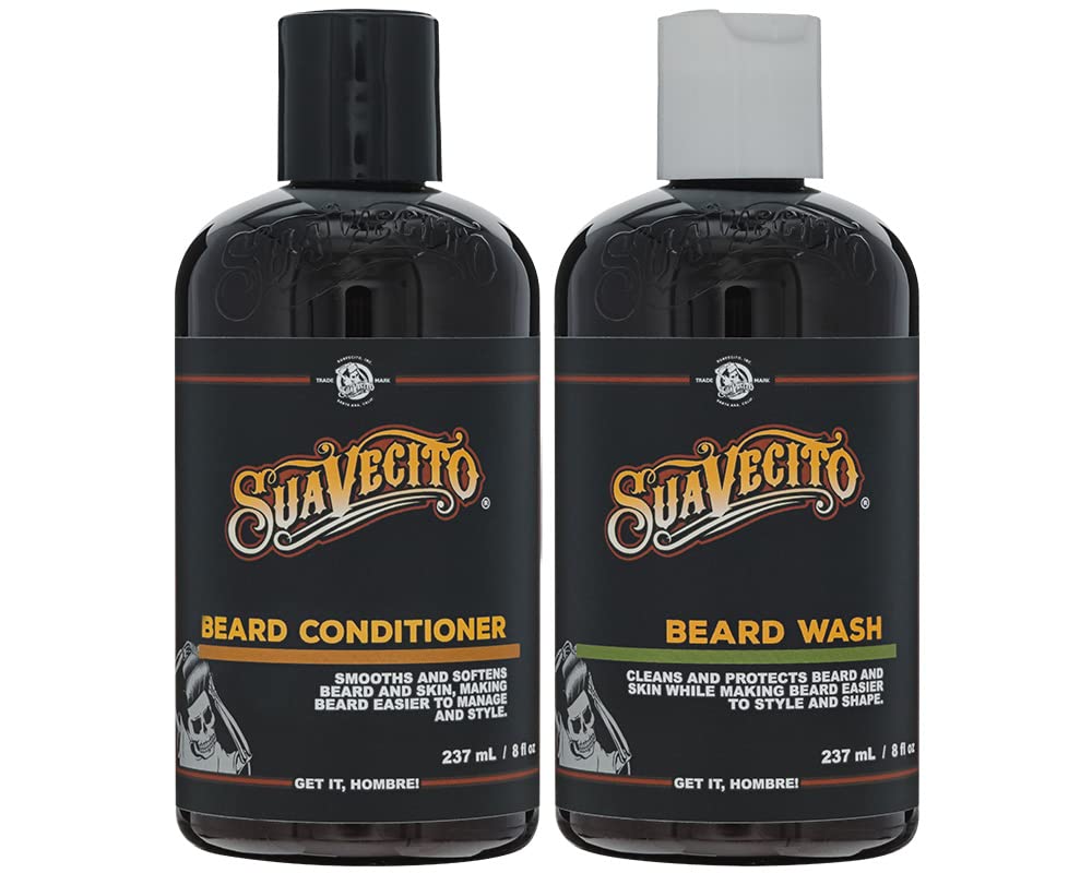Ensemble Suavecito Lave-Barbe et Soin Barbe, deux flacons prêts pour le soin.