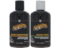 Ensemble Suavecito Lave-Barbe et Soin Barbe, deux flacons prêts pour le soin.