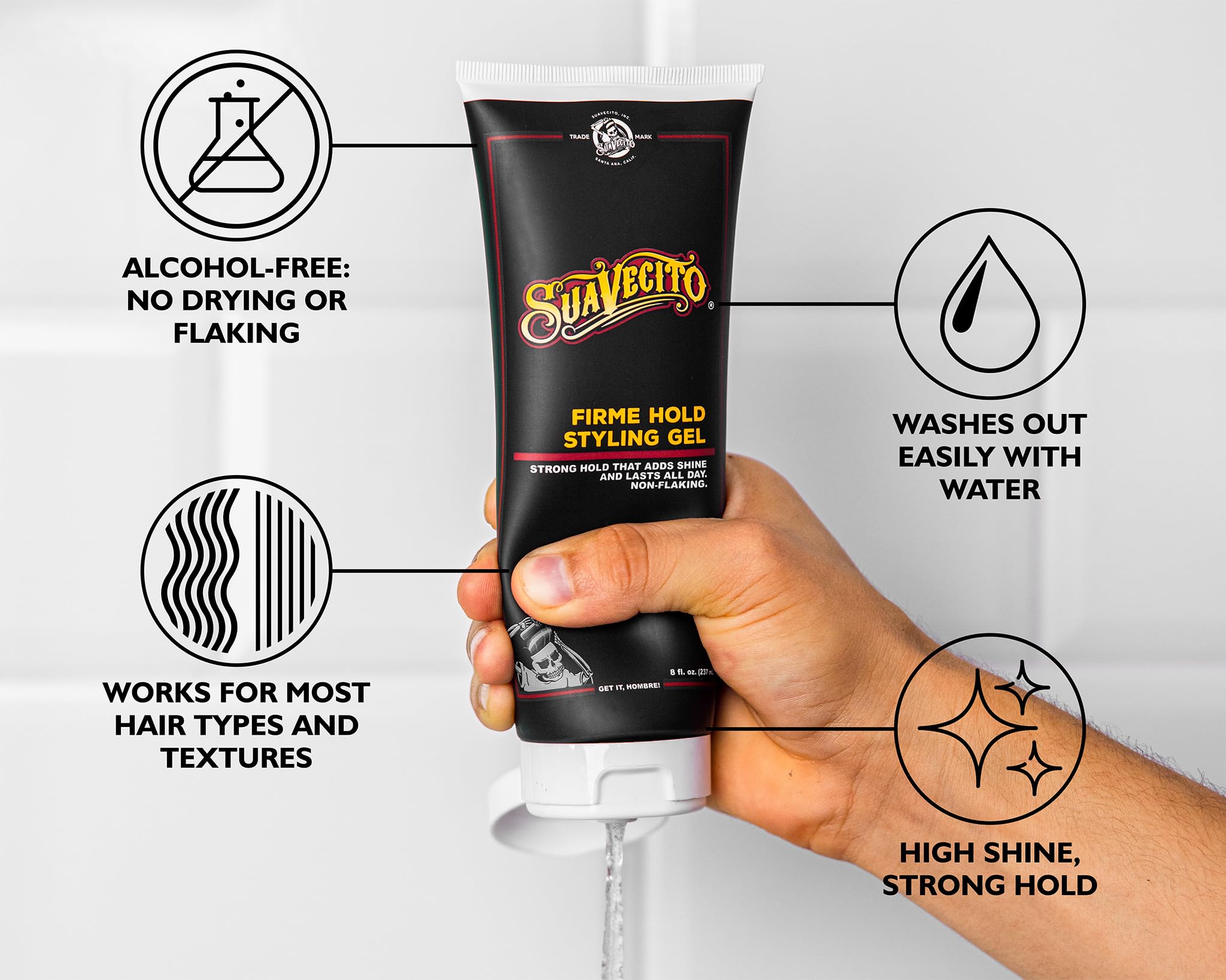 Gel coiffant Suavecito Firme adapté à tous les types et textures de cheveux.