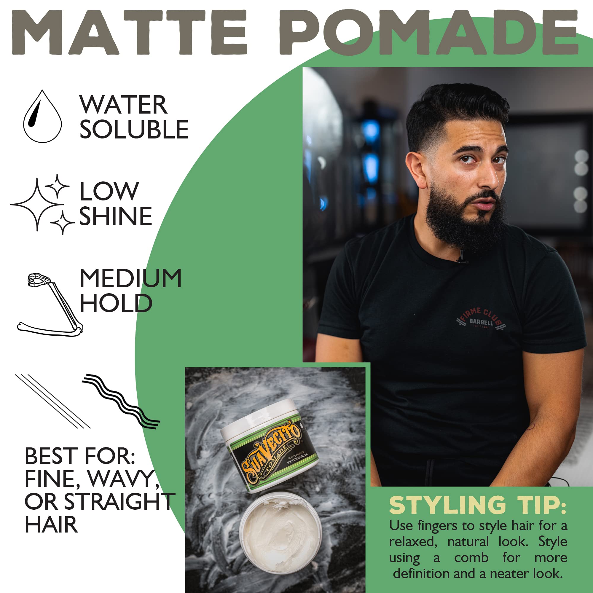 Slick-back finish using matte pomade for versatile looks