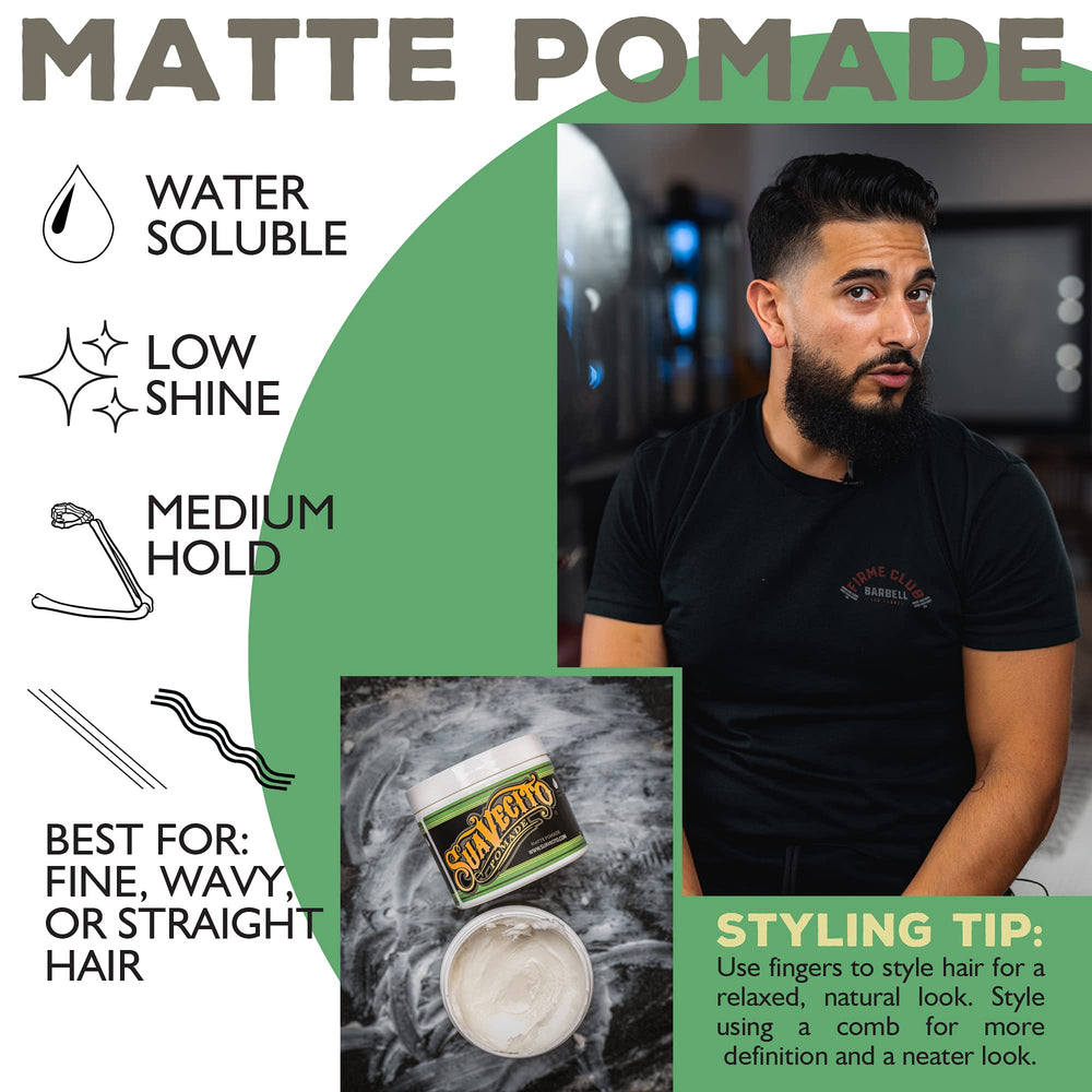 Slick-back finish using matte pomade for versatile looks