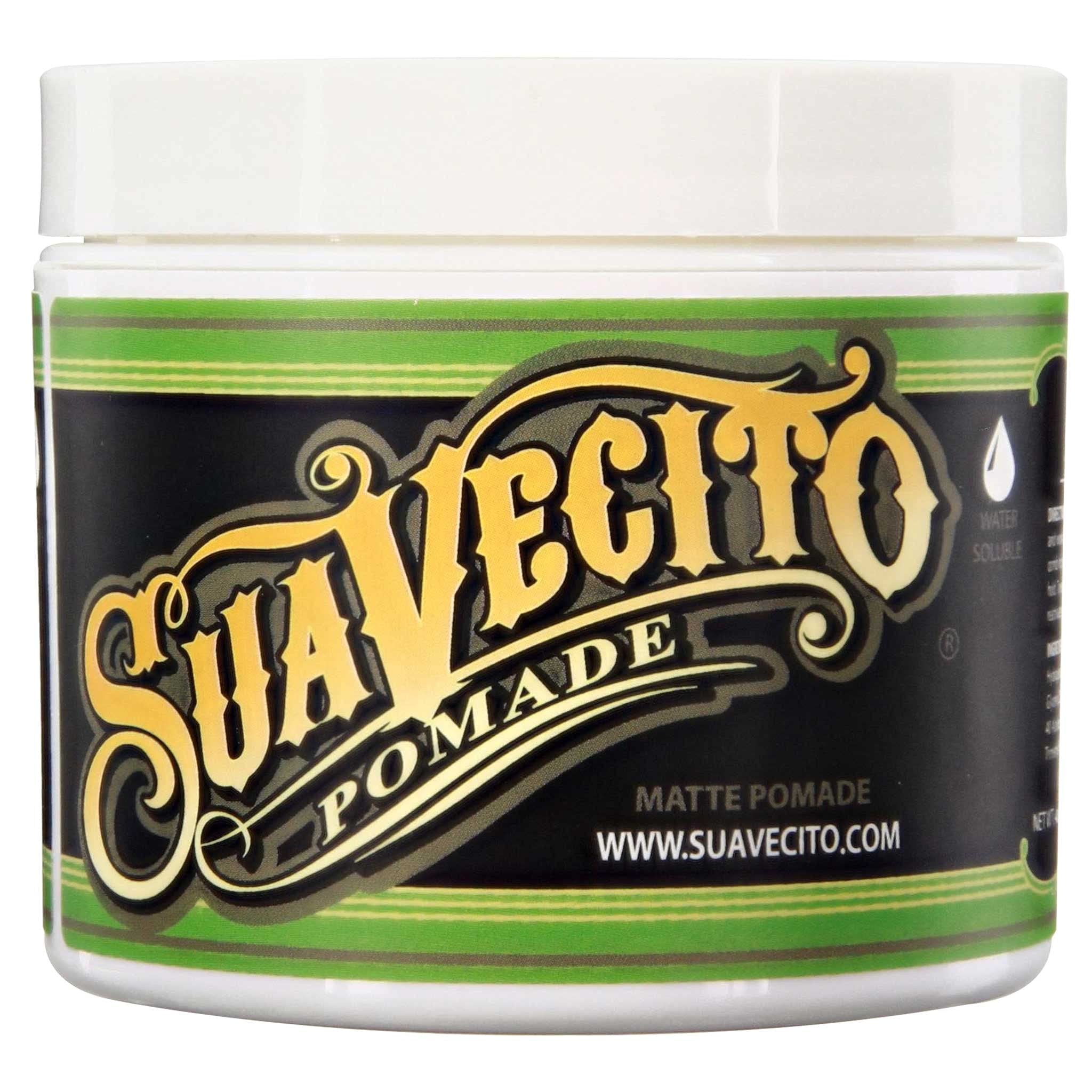Suavecito Matte Pomade tin close-up showing shine-free, long-lasting hold