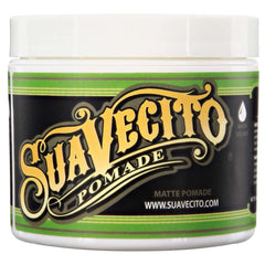 Suavecito Matte Pomade tin close-up showing shine-free, long-lasting hold