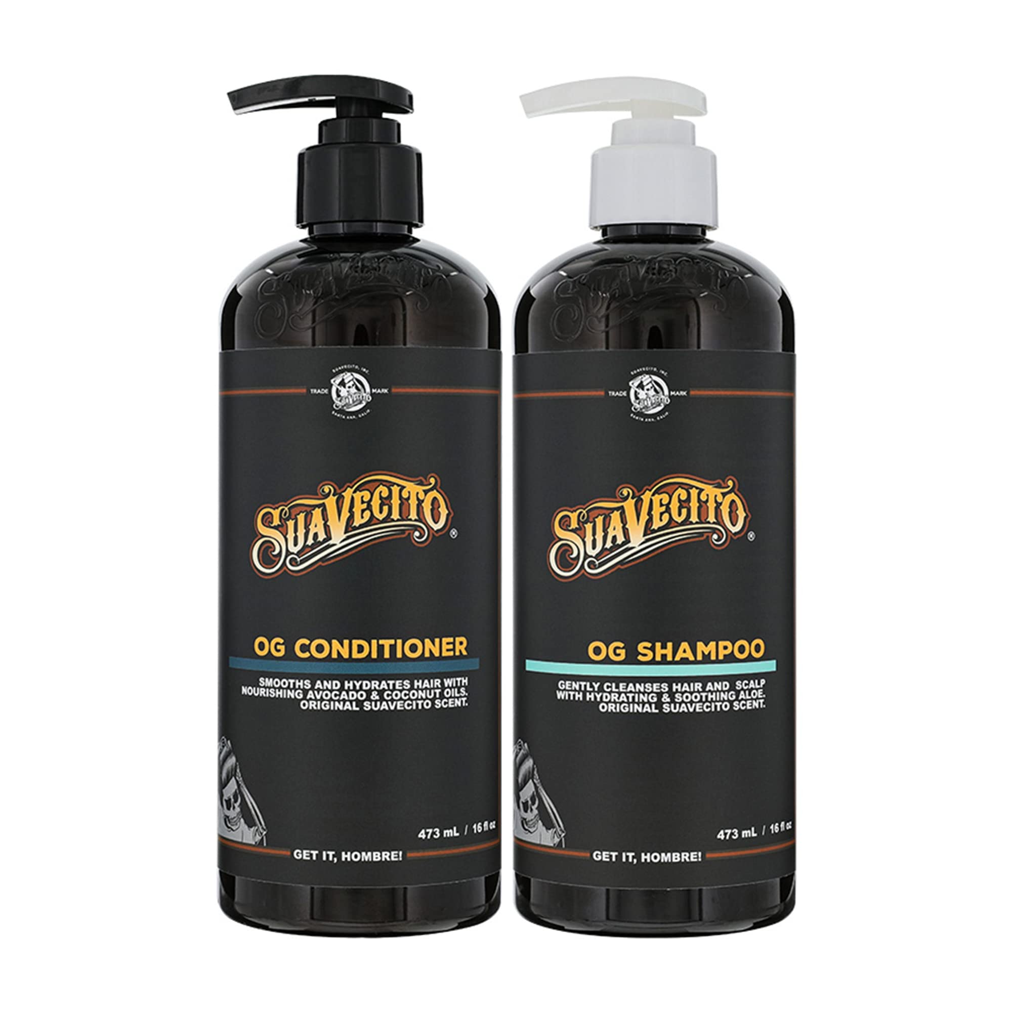 Ensemble Shampoing et Après-Shampoing Suavecito OG avec pompe, fortifie les cheveux.