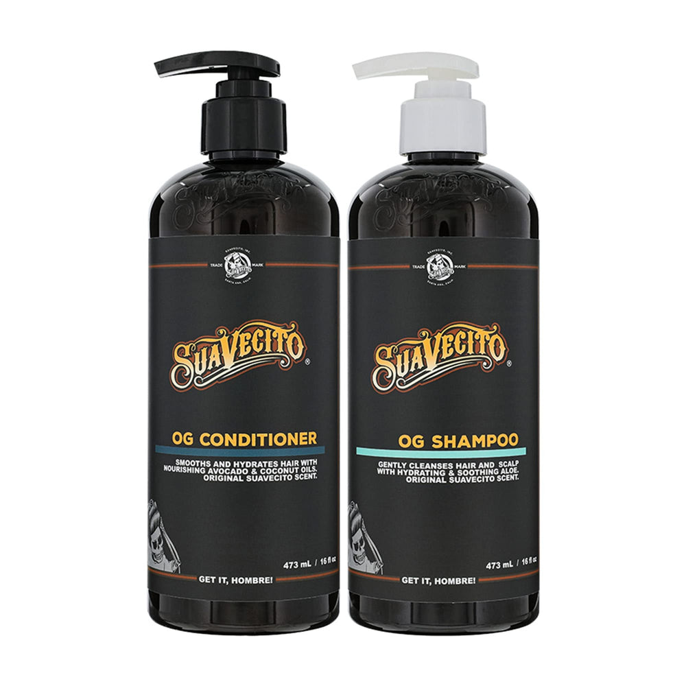 Ensemble Shampoing et Après-Shampoing Suavecito OG avec pompe, fortifie les cheveux.