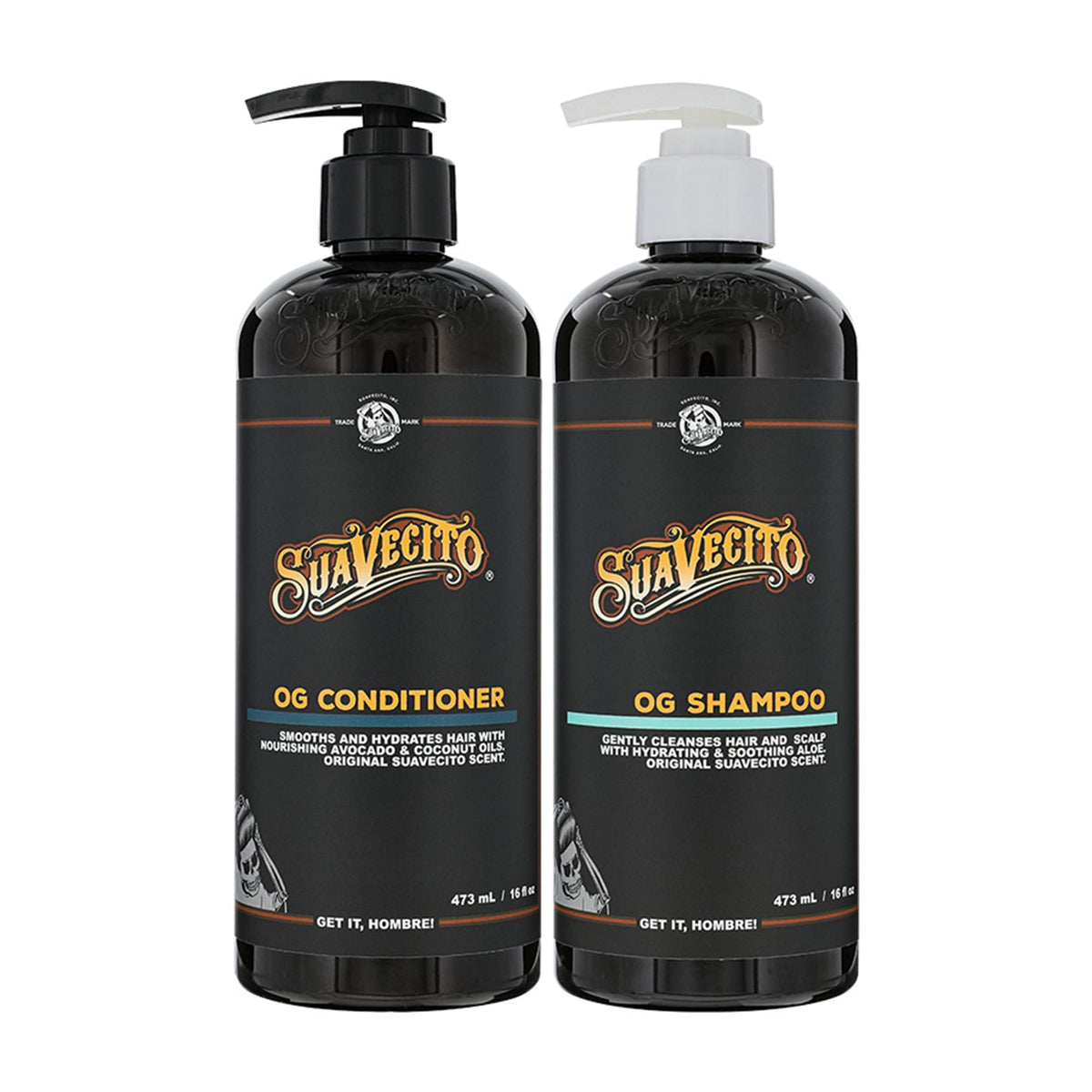 Ensemble Shampoing et Après-Shampoing Suavecito OG avec pompe, fortifie les cheveux.