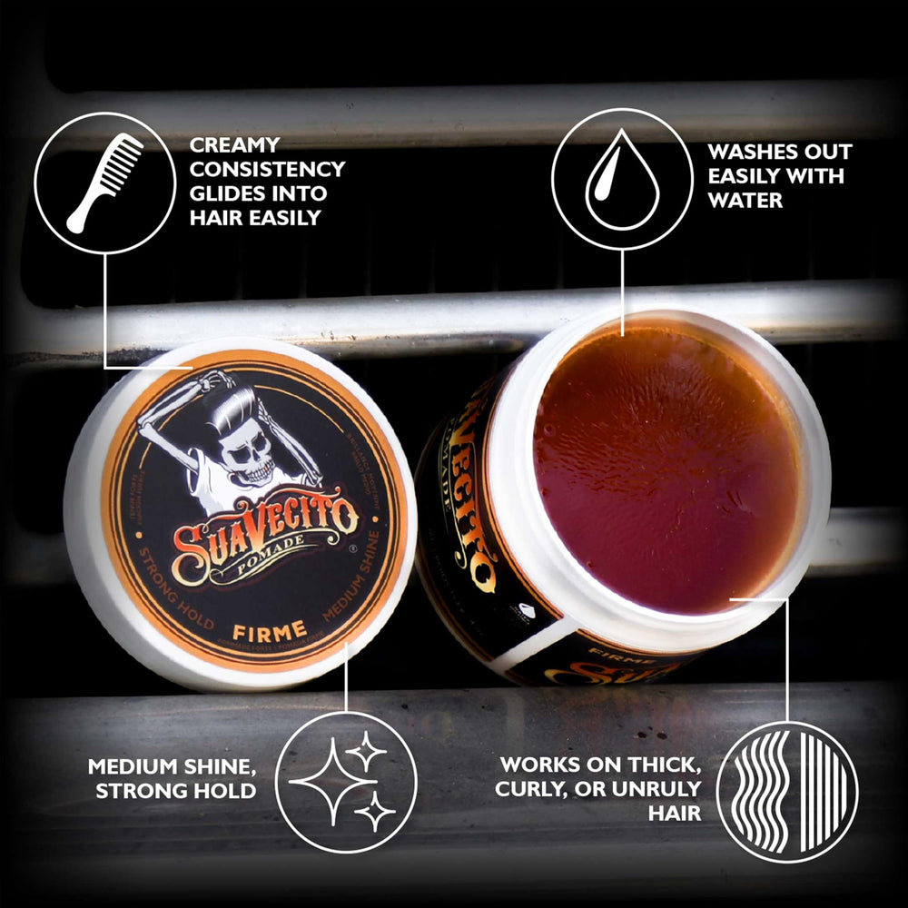 Application facile de Suavecito Firme sur cheveux épais, sensation lisse.
