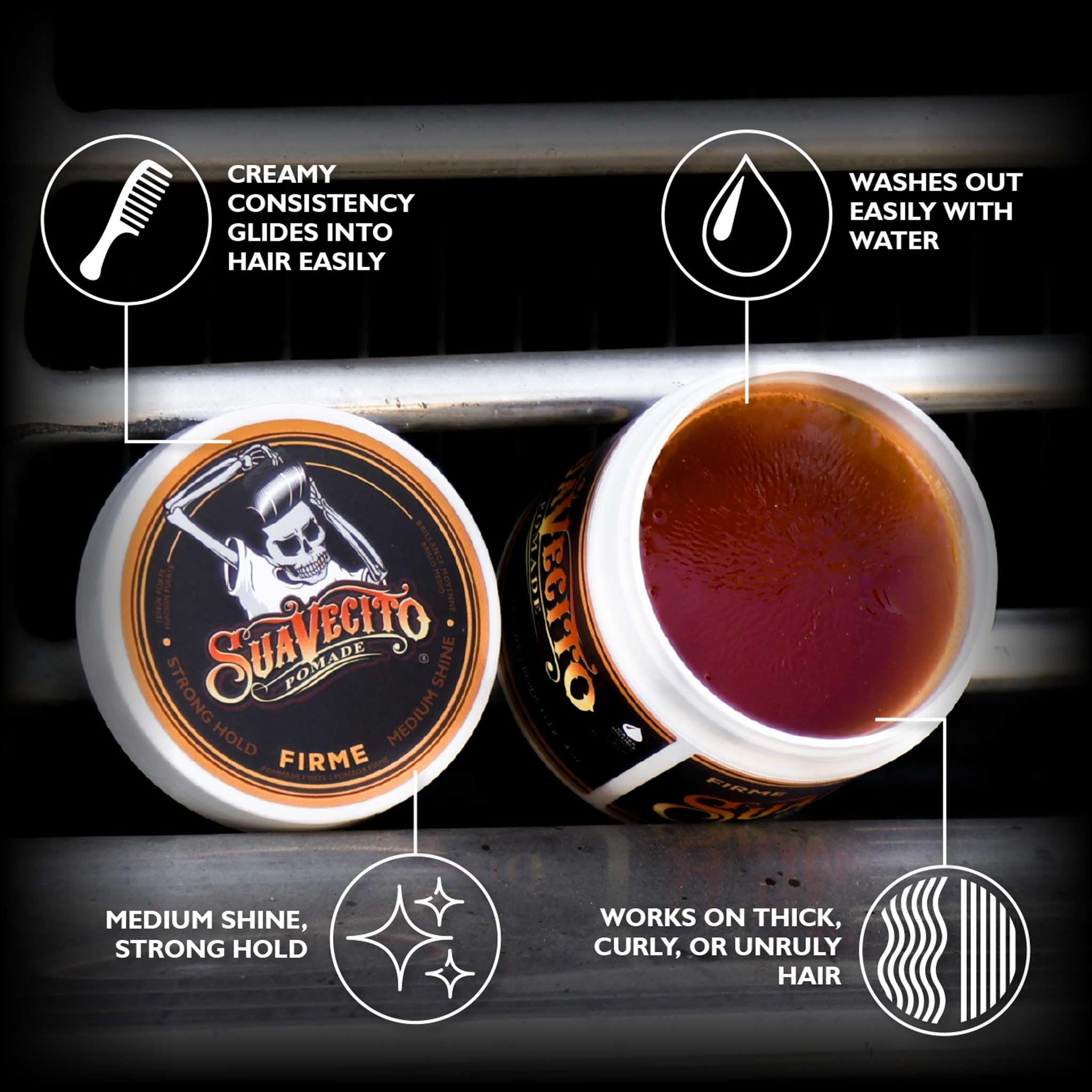 Suavecito Pomade Firme, sechage-eau facile, rinçage rapide après l'utilisation.