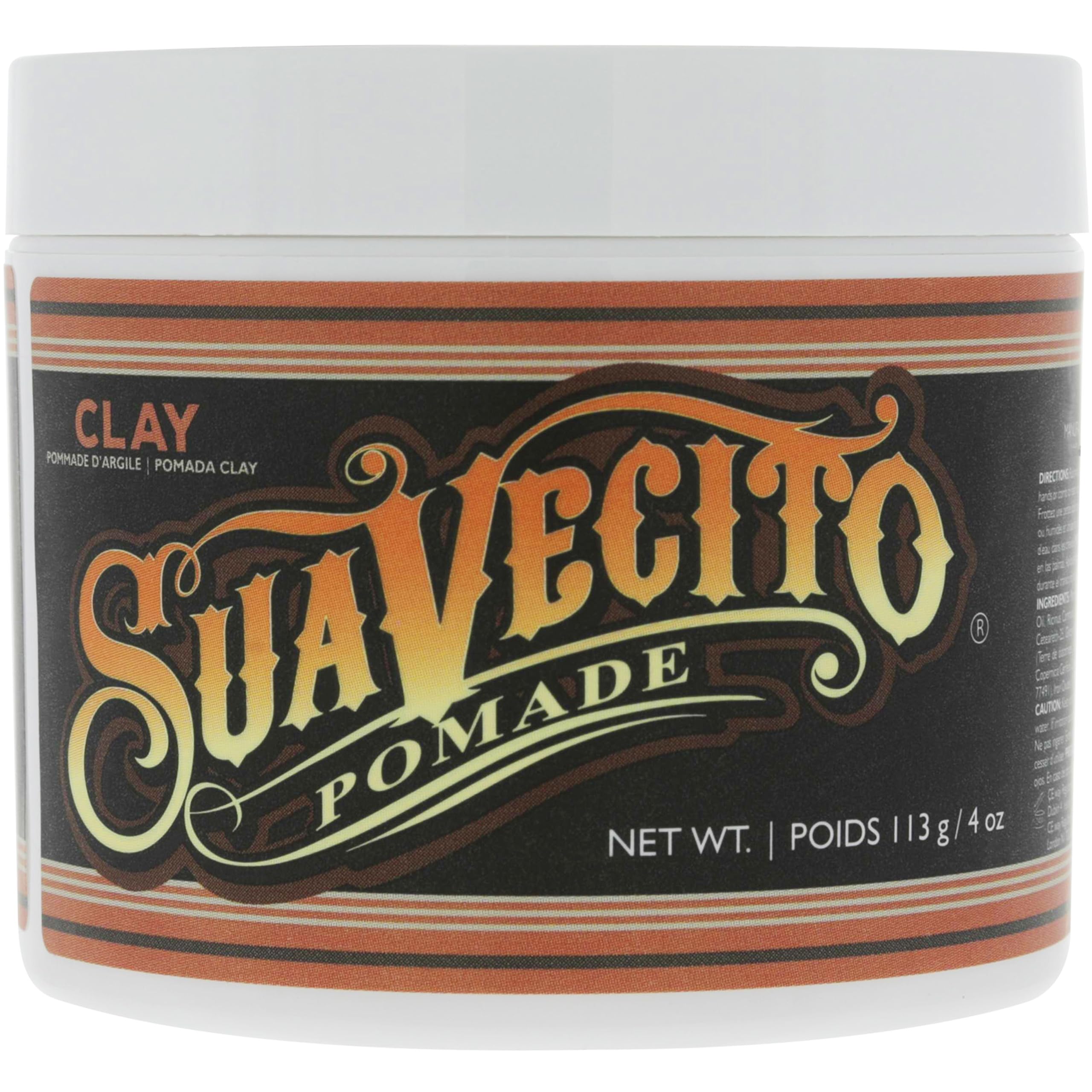 Pomade Suavecito Clay 4 oz, emballage élégant, tenue durable sans résidu.
