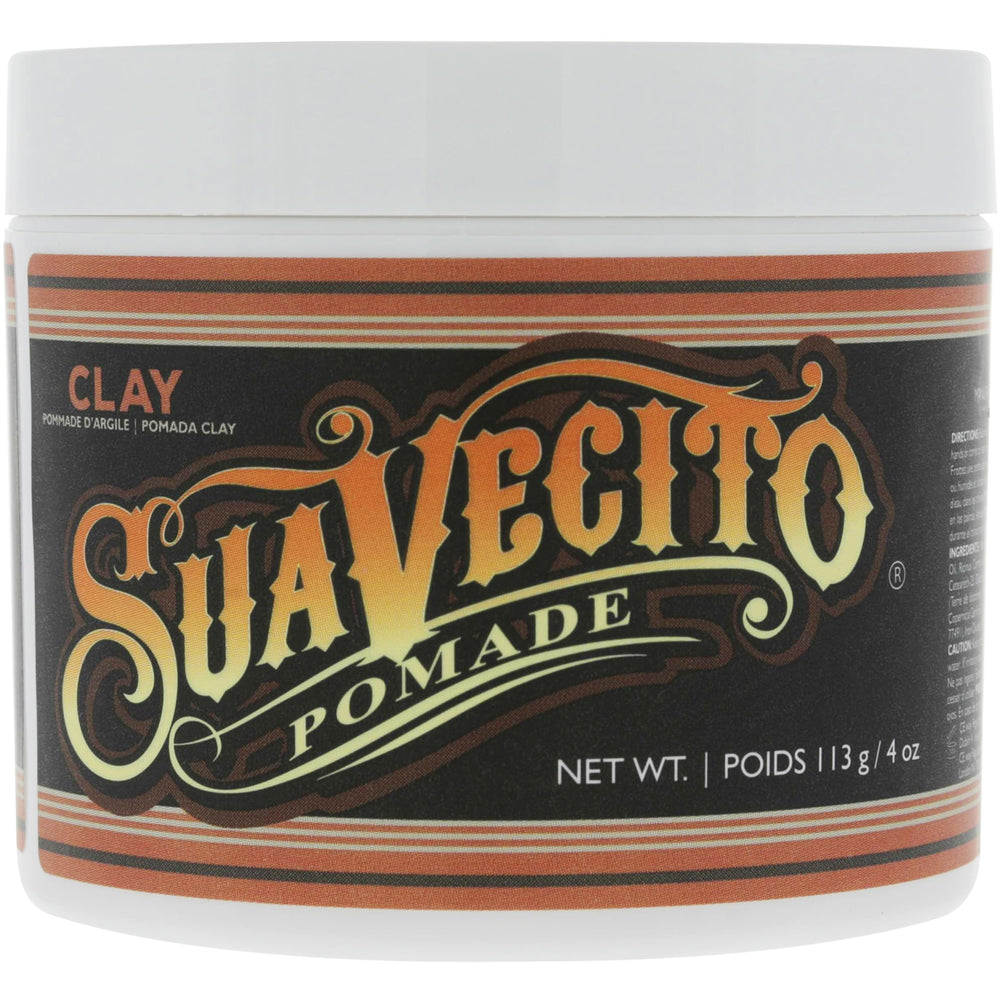 Pomade Suavecito Clay 4 oz, emballage élégant, tenue durable sans résidu.