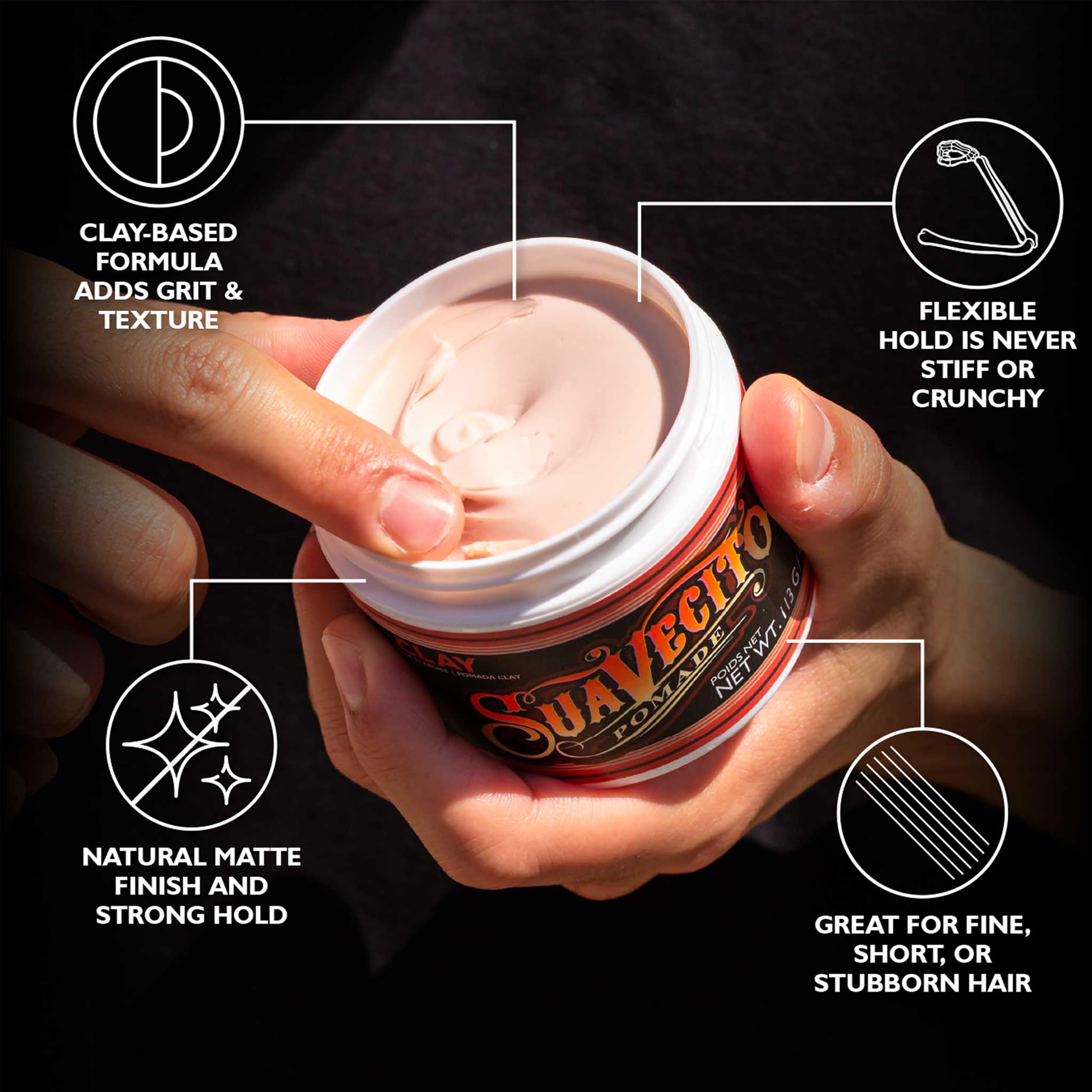 Finition mate parfaite pour un style naturel avec Suavecito Clay.