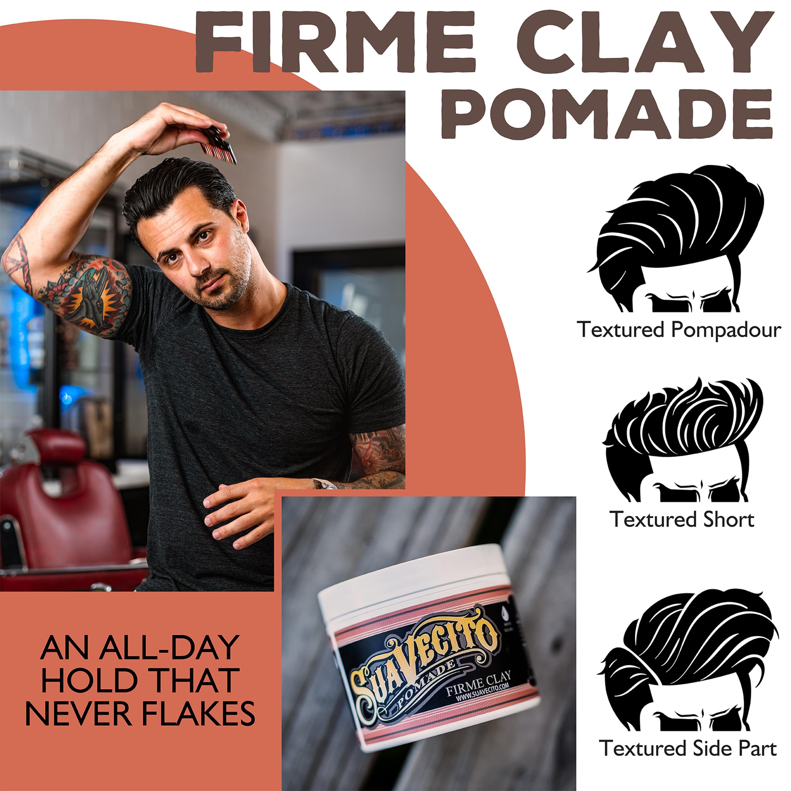 Pour homme, coiffure robuste et contrôle avec Suavecito Clay.