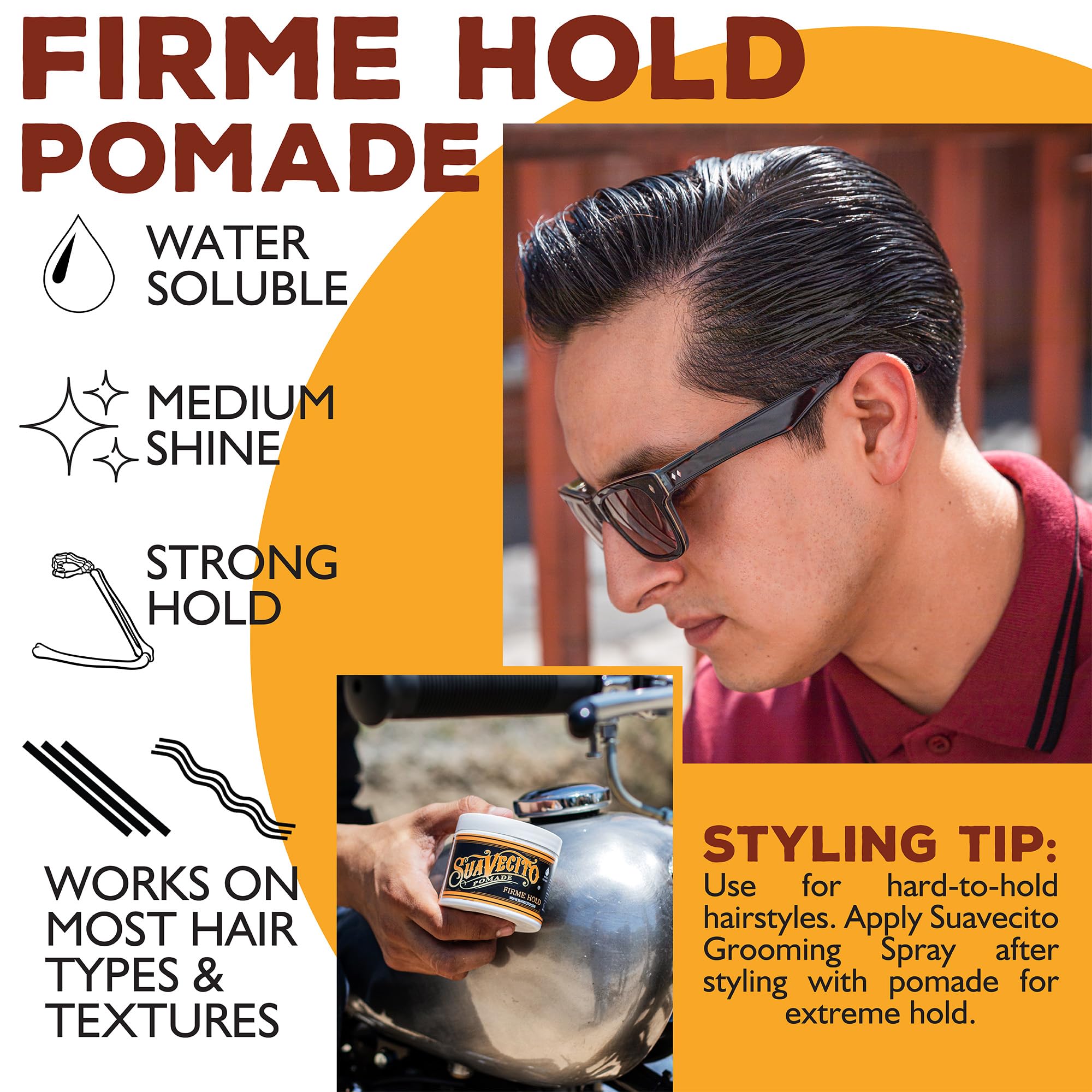 Pomade Firme Suavecito, coiffage ferme et brillance moyenne, aspect net.