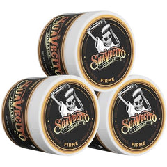 Étiquette et emballage de Suavecito Firme, présentation moderne et repérable.