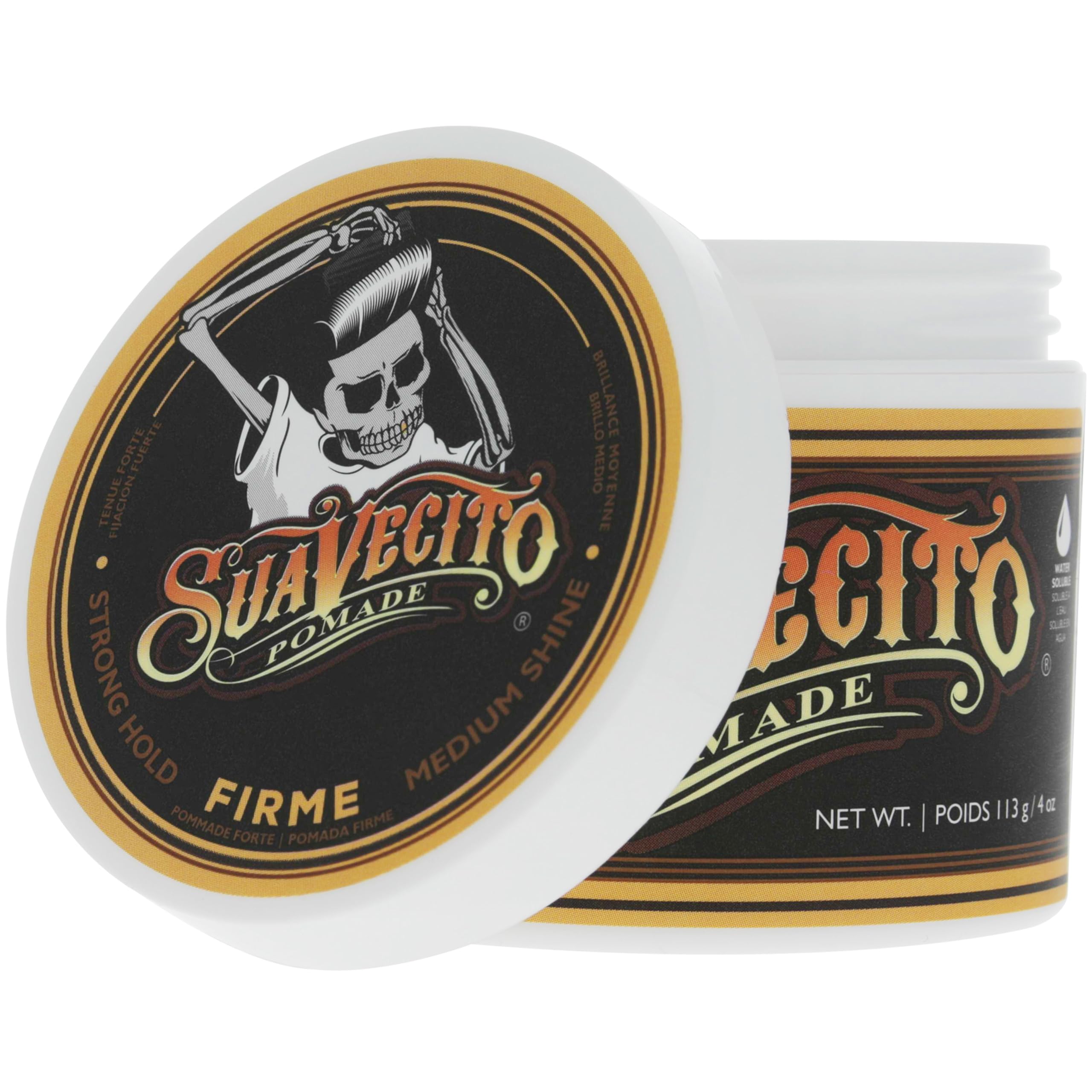 Pomade Firme Suavecito, démêlage facile et coiffage stable tout au long de la journée.