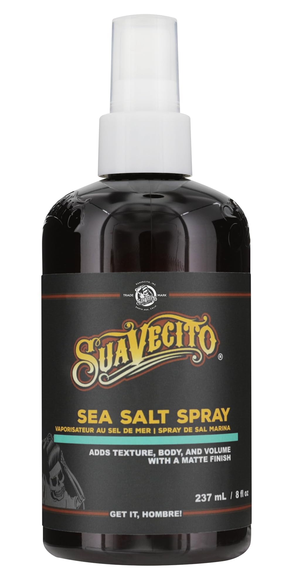 Spray Suavecito au sel de mer – bouteille montrée, volume naturel et coiffage facile.