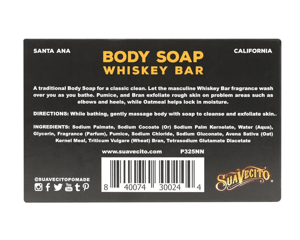Utilisation du savon Suavecito Whiskey Bar sur corps et mains pour nettoyer et hydrater.