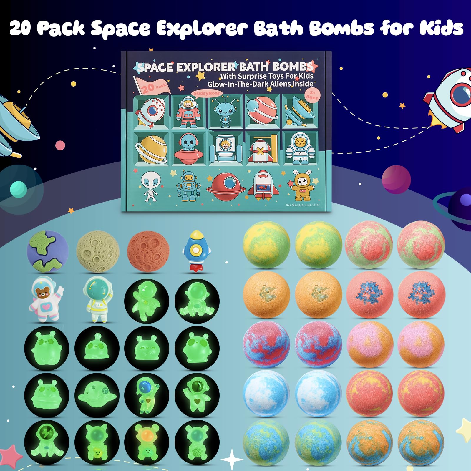 SudsyRoar bombes-bain-galaxie-planetes: découverte planétaire avec bulles parfumées.