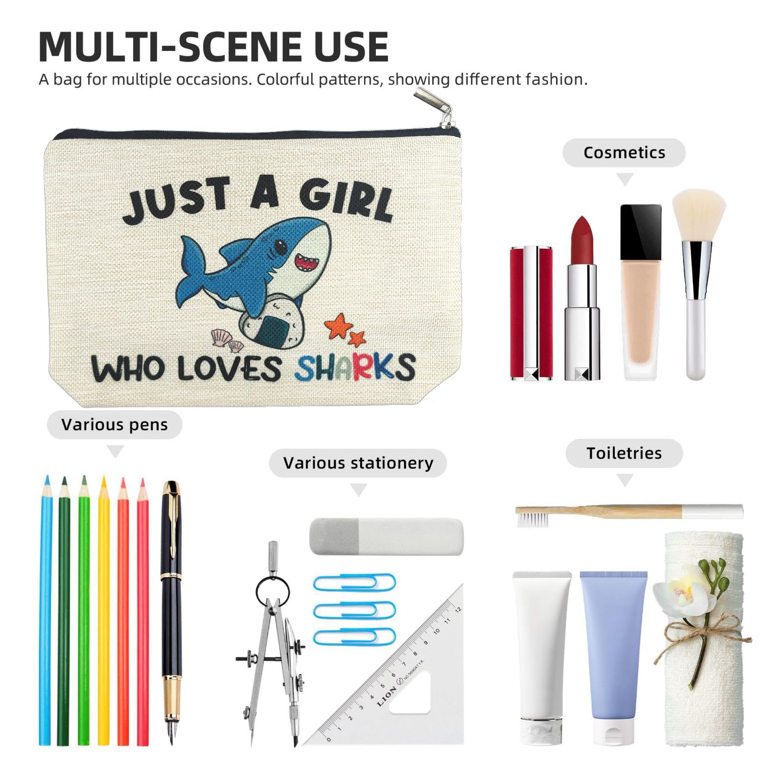 Poche d’organisation Suemetic au motif requin, idéale pour cosmétiques.
