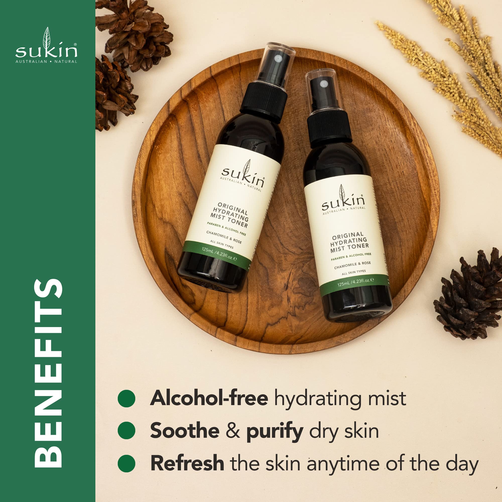 Sukin Organics Brume visage, eau-de-rose florale, usage avant le maquillage.
