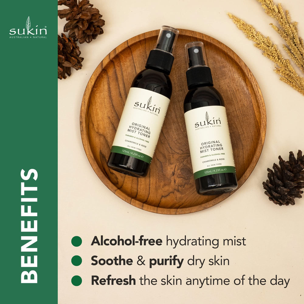 Sukin Organics Brume visage, eau-de-rose florale, usage avant le maquillage.