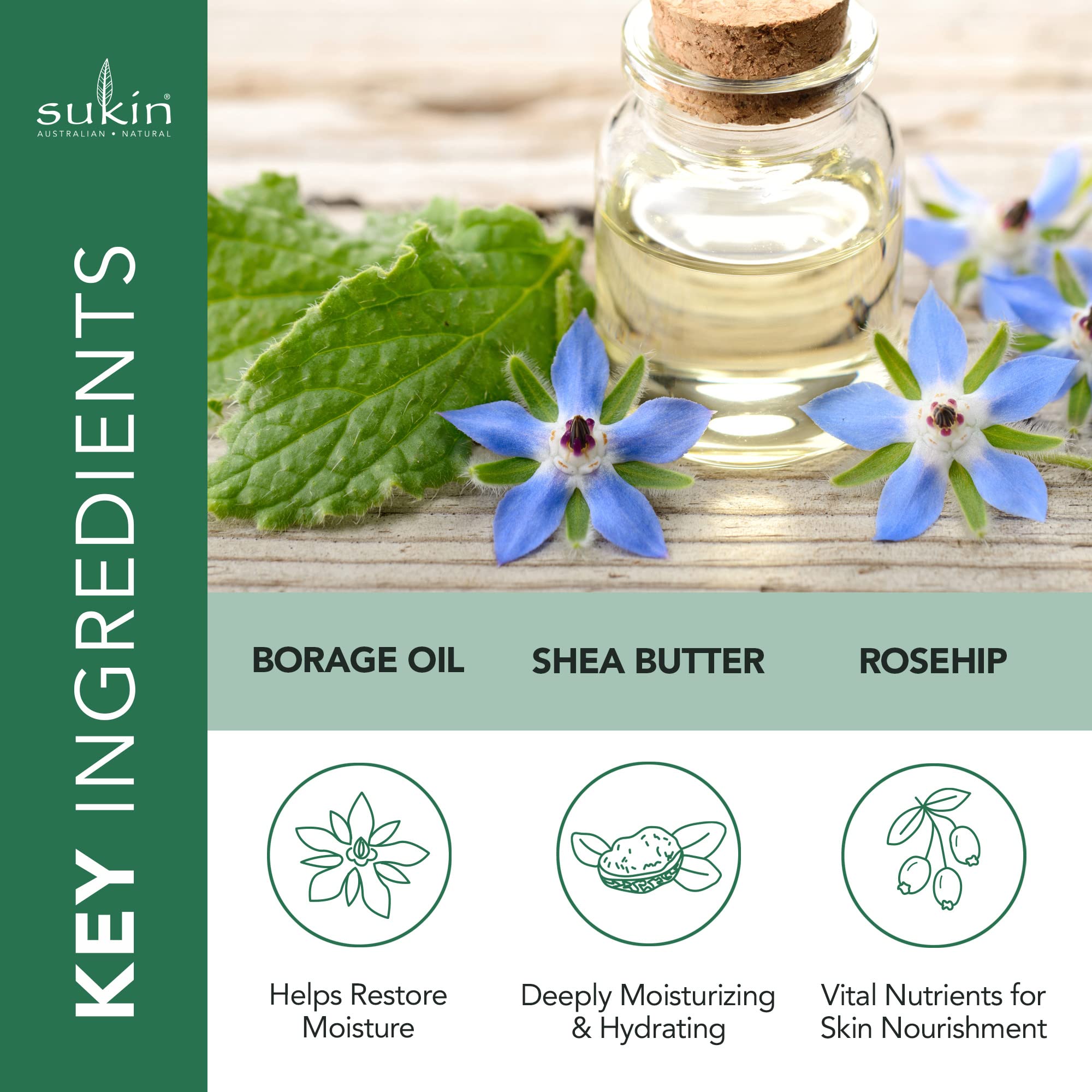Huile d’onagre dans la Crème Nuit Sukin Organics, soutien à l’hydratation.