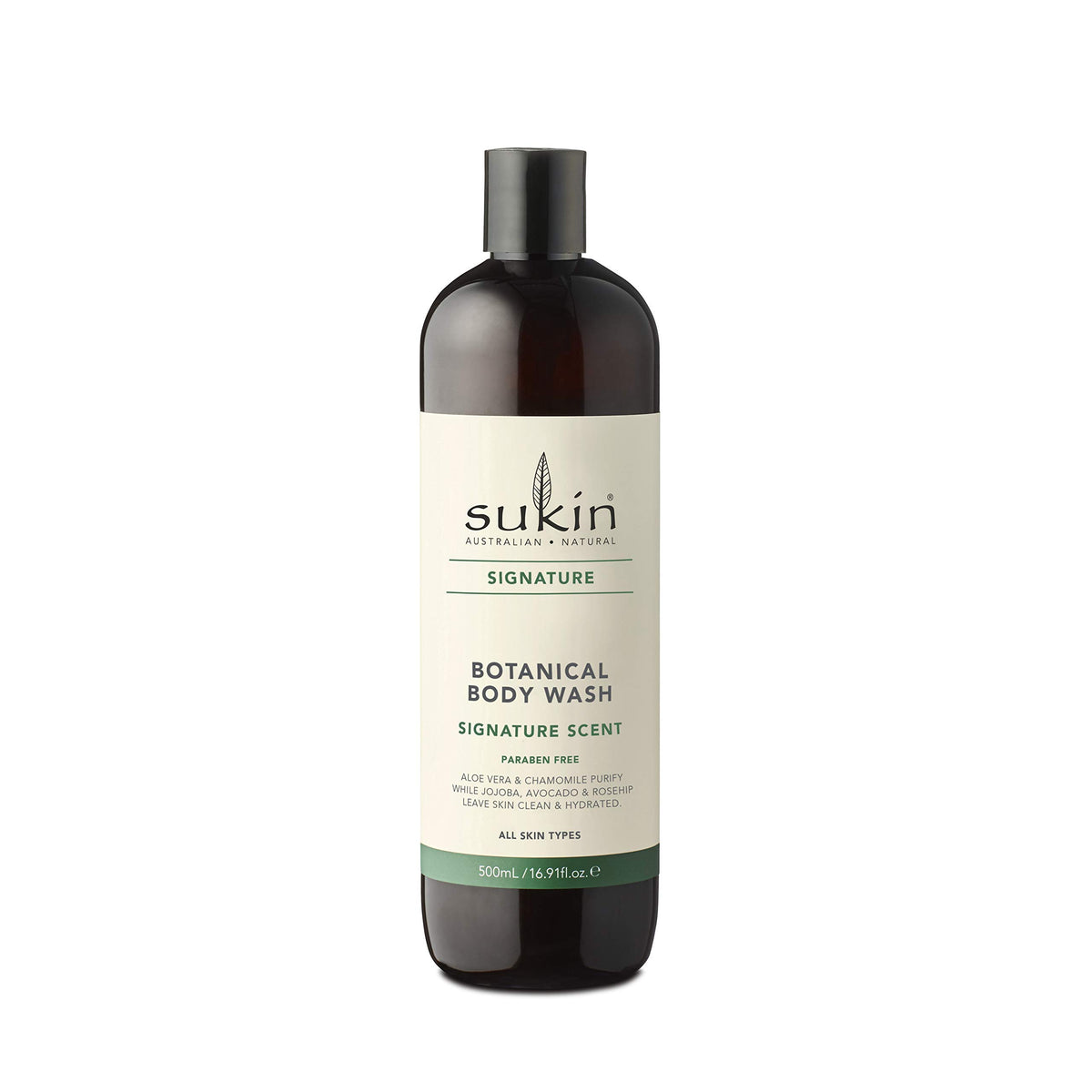 Sukin Signature Gel Douche - la bouteille, idéale pour une routine hydratante quotidienne.