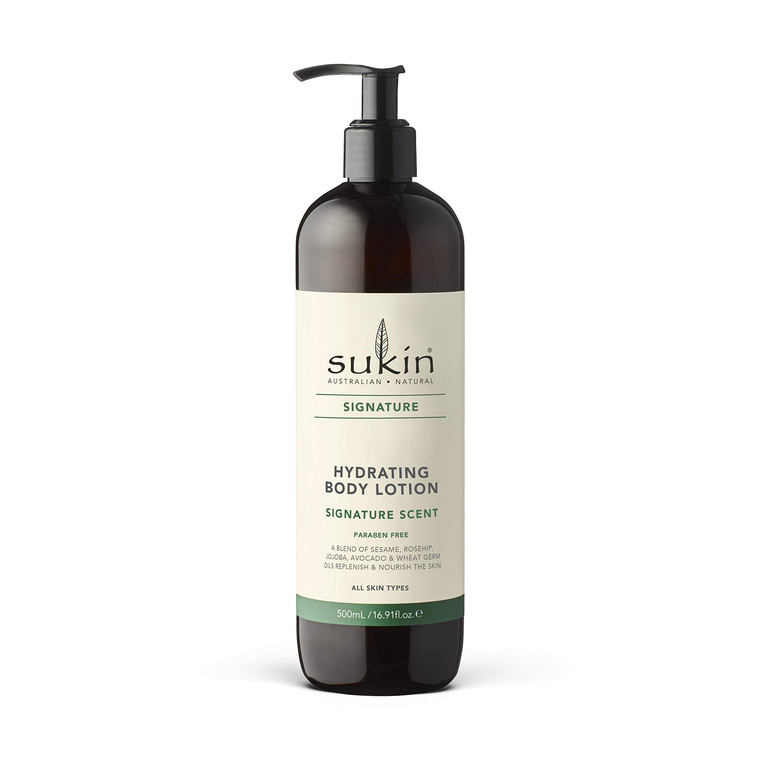 Lotion Sukin Signature dans la bouteille, hydratation durable pour la peau.