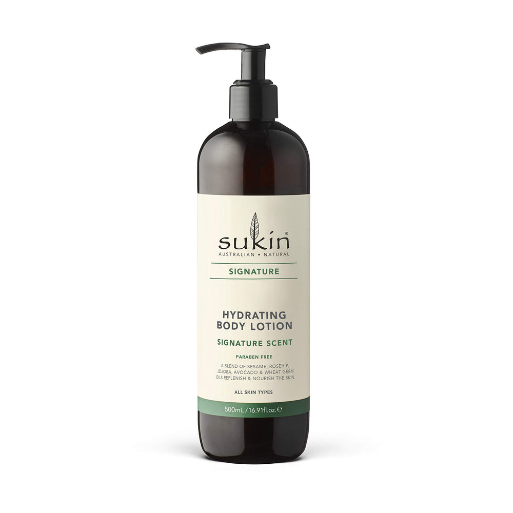 Lotion Sukin Signature dans la bouteille, hydratation durable pour la peau.