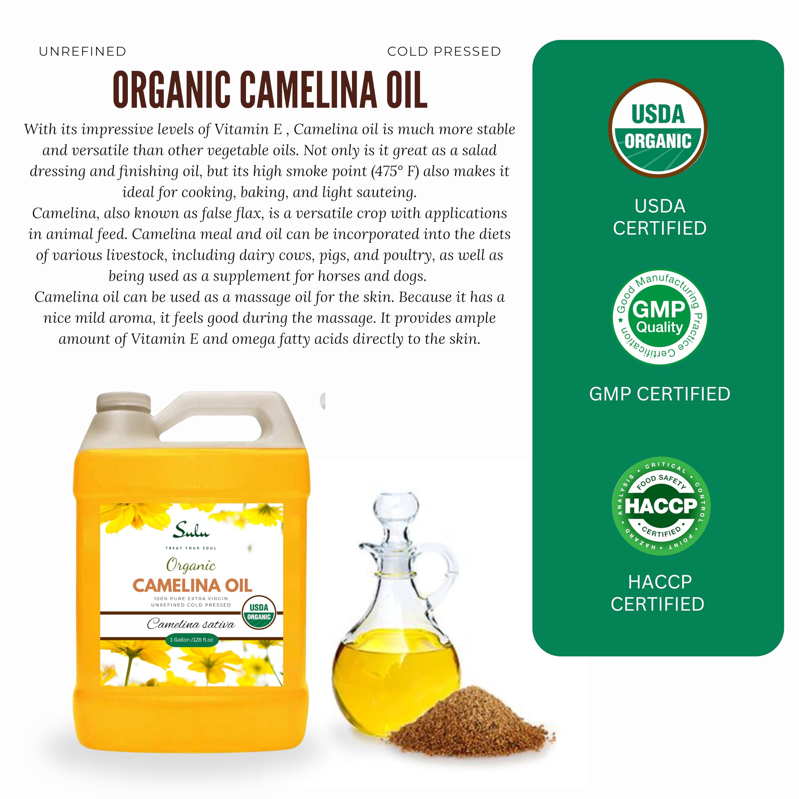 SULU ORGANICS huile cameline – soin de peau, hydratation et douceur.