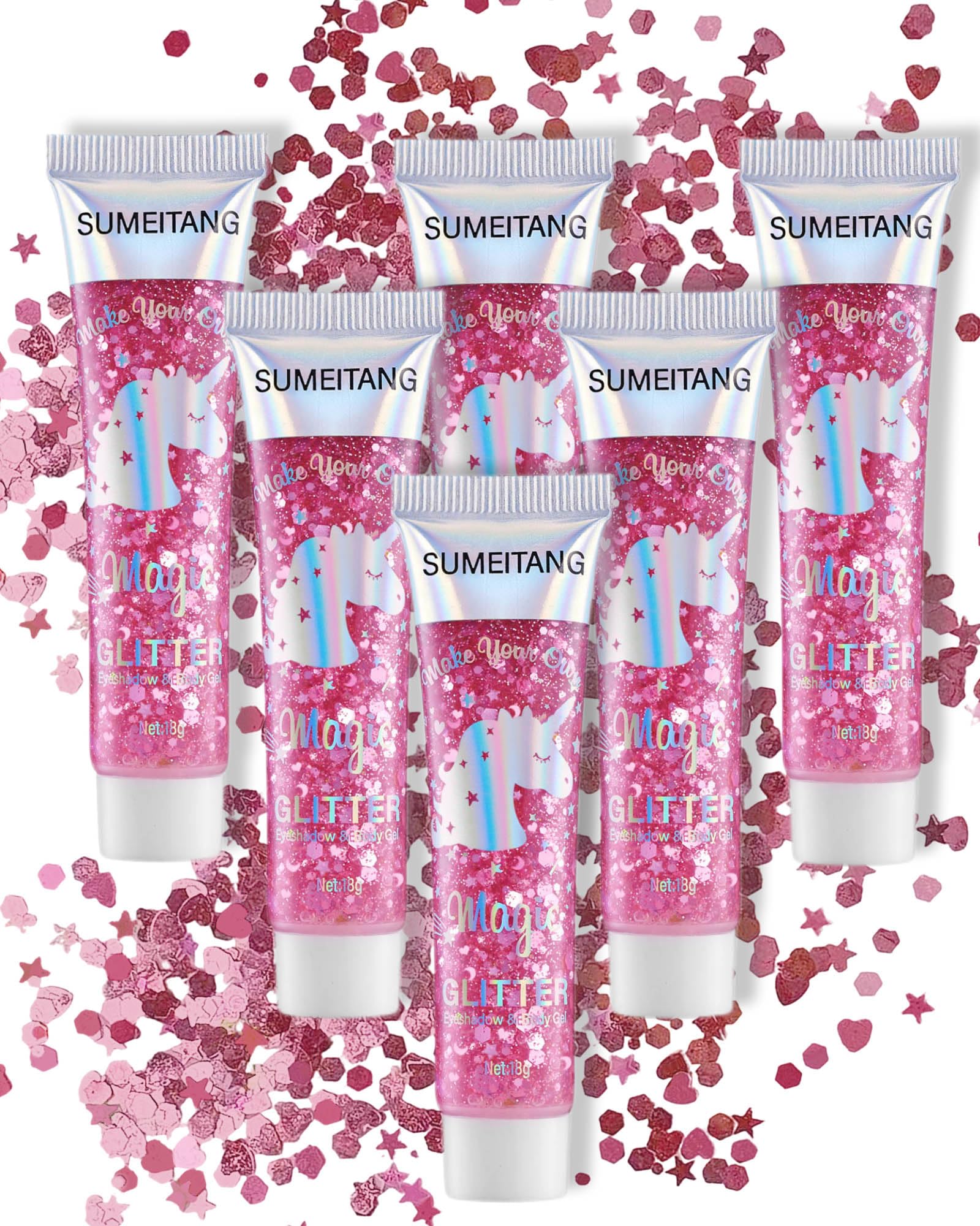 SUMEITANG Gel paillettes rose pour visage et corps, brillance holographique captant la lumière