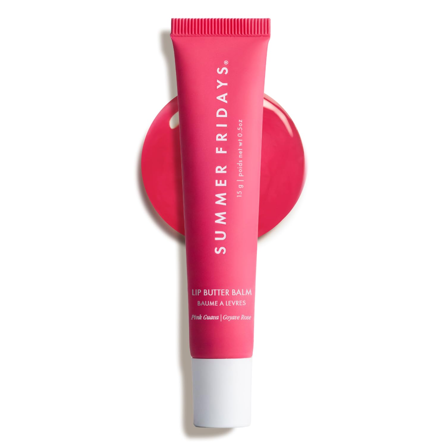 Baume lèvres Summer Fridays teinte rose goyave pour hydratation et éclat.