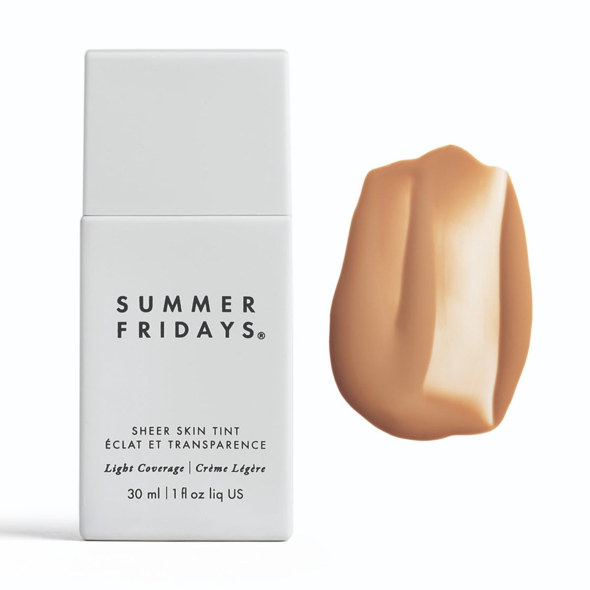 Summer Fridays Sheer Skin Tint – bouteille et texture légère facilitant l'application.