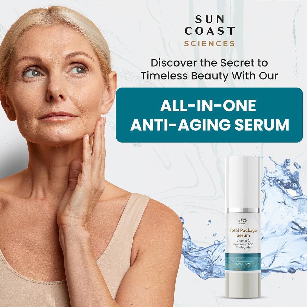 SUN COAST SCIENCES Sérum Total Package gouttes sur le visage pour absorption rapide.