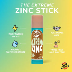 Sun Zapper teinte bronze, bâton minéral SPF50+ pour activités plage.