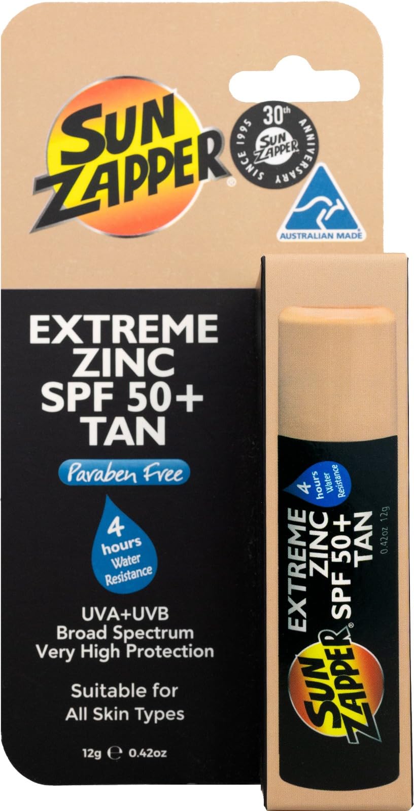 Sun Zapper baton zinc SPF50 sur le visage pour une protection minérale.