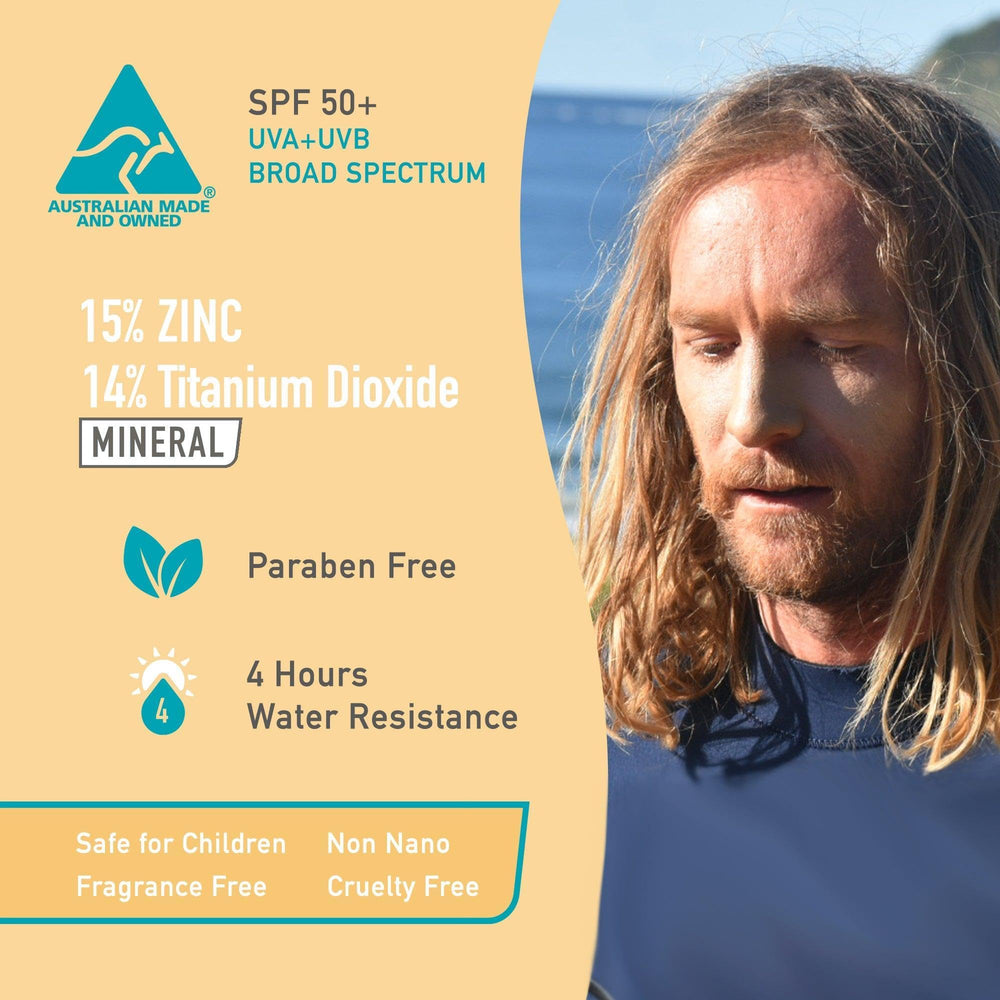 Sun Zapper bronze-toned stick applied on face showing medium skin tone