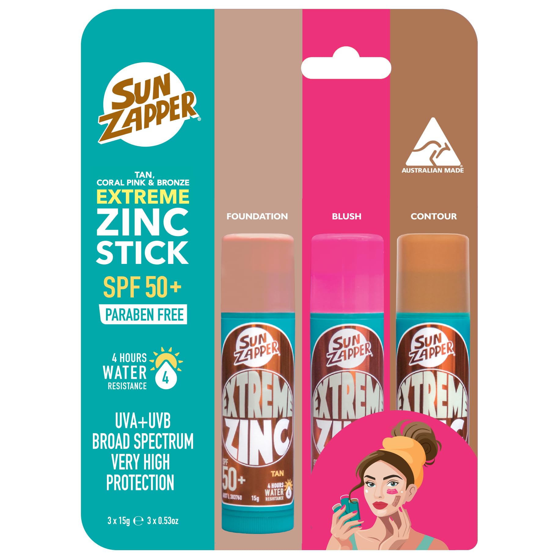 Sun Zapper Extreme Zinc Stick-teinte tan appliqué sur peau, effet naturel