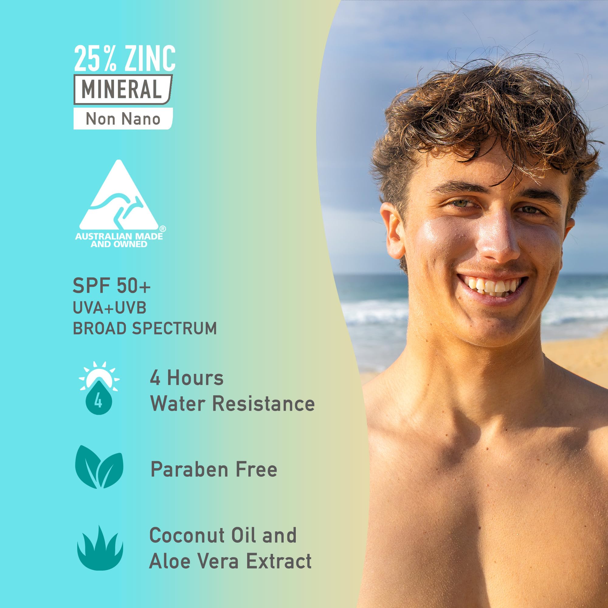Sun Zapper SPF 50+ water-resistant formula highlighted on the product label