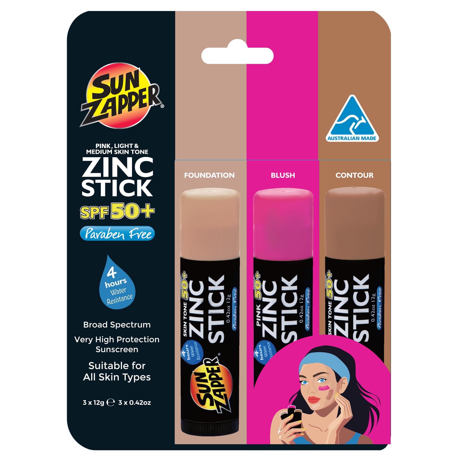 Sun Zapper Stick SPF50 teinte clair, correcteur et fond de teint faciles à utiliser.