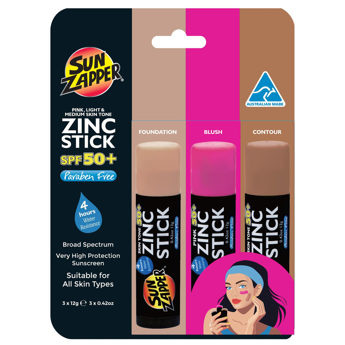 Sun Zapper Stick SPF50 teinte clair, correcteur et fond de teint faciles à utiliser.