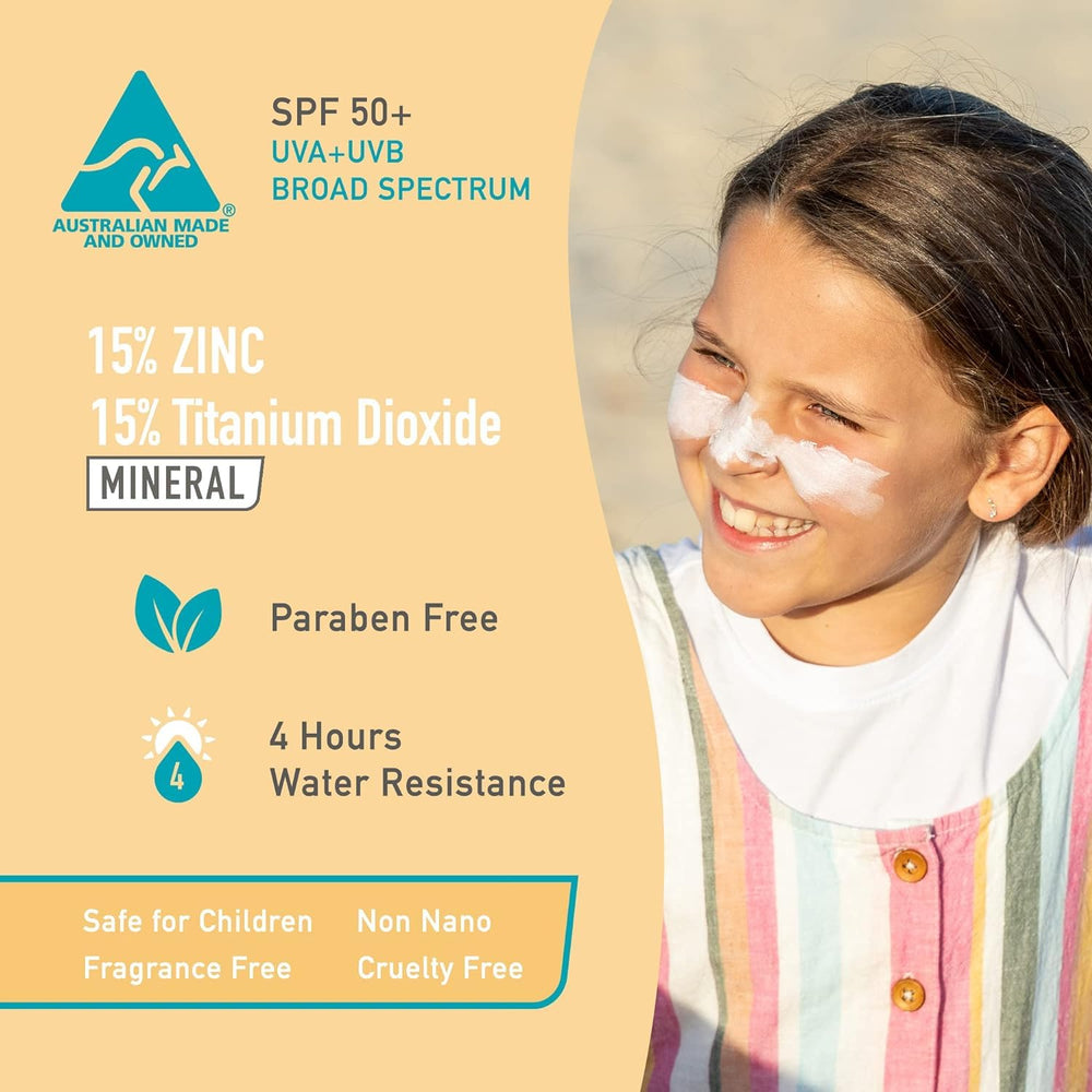 Sun Zapper sunscreen stick close-up shows white zinc formula and smooth application