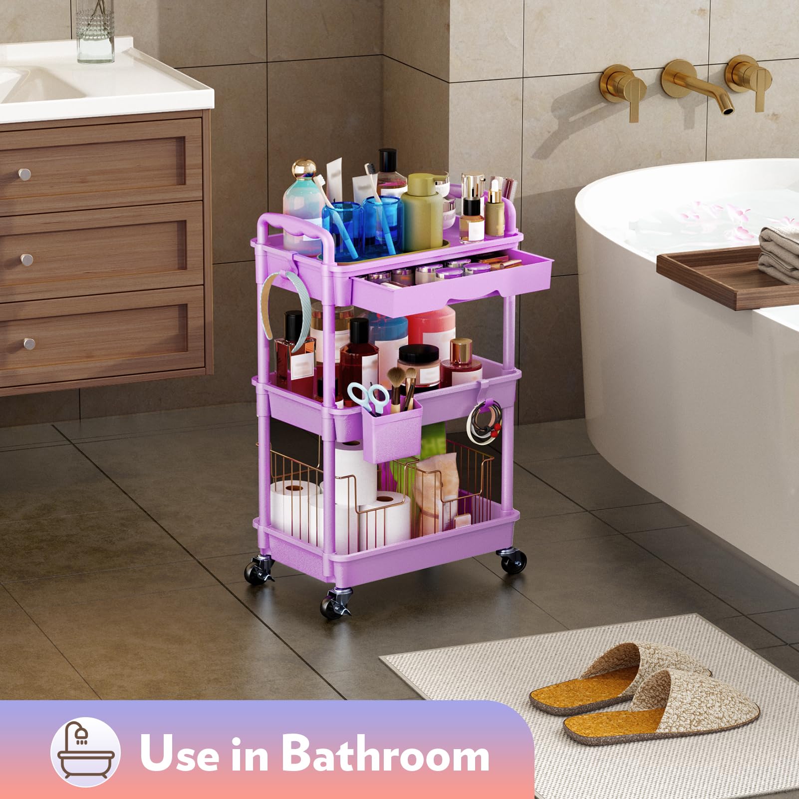 SUNALLY cart-bain-salon-beaute-roulant, rangement polyvalent pour salon et salle de bains.
