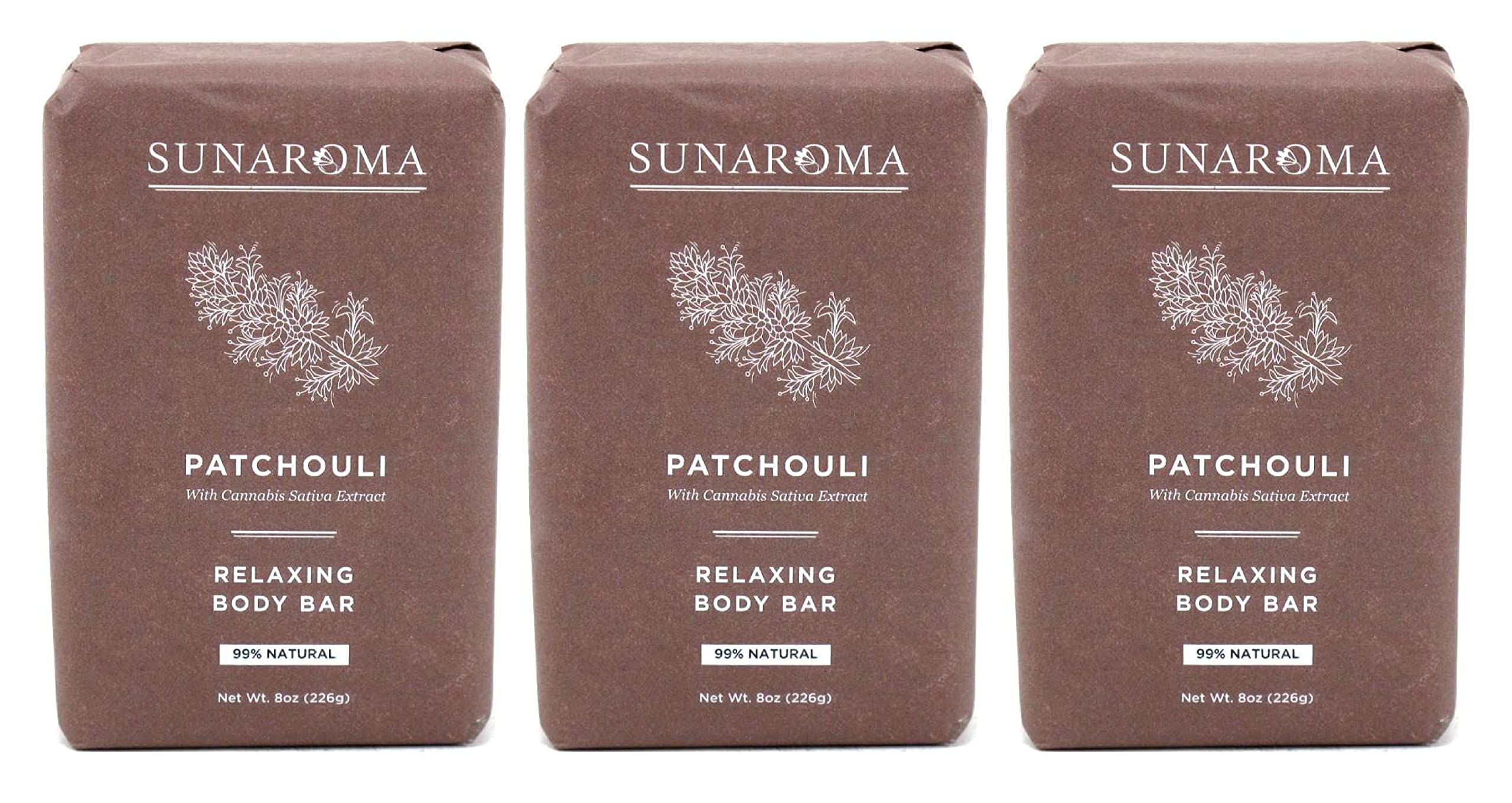 SUNAROMA Savon Patchouli en barre, parfum boisé et mousse généreuse.