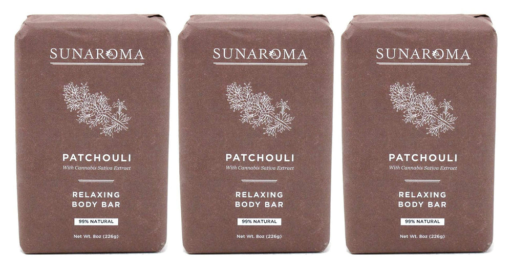 SUNAROMA Savon Patchouli en barre, parfum boisé et mousse généreuse.