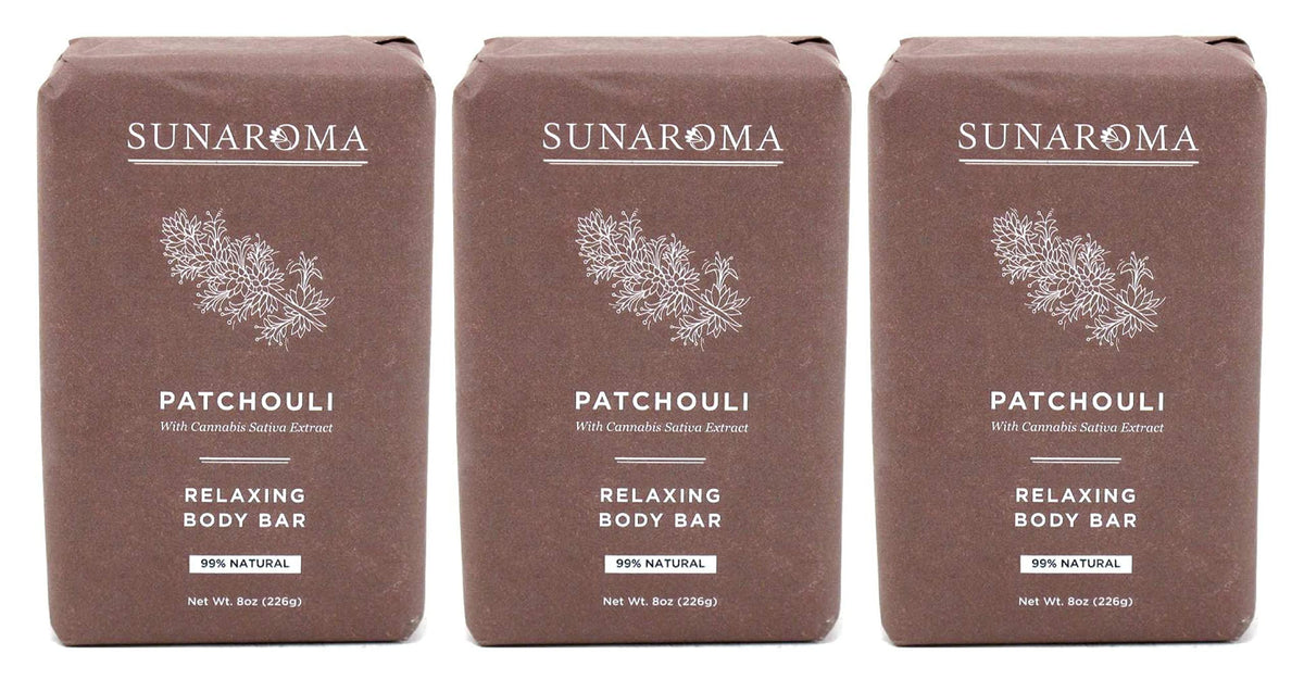 SUNAROMA Savon Patchouli en barre, parfum boisé et mousse généreuse.