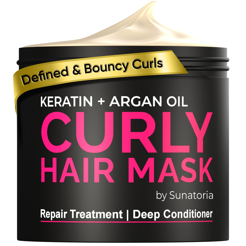 SUNATORIA Masque Cheveux Boucles - Bouteille argan et kératine pour hydratation en profondeur.
